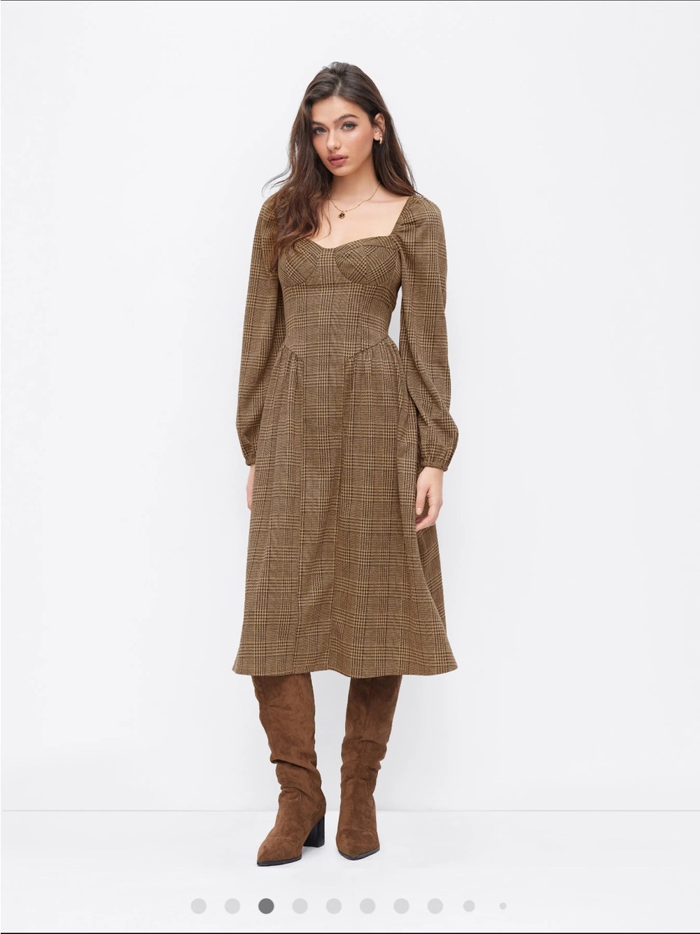 Cider NWT Women’s Brown Plaid Long-Sleeve Midi Dress